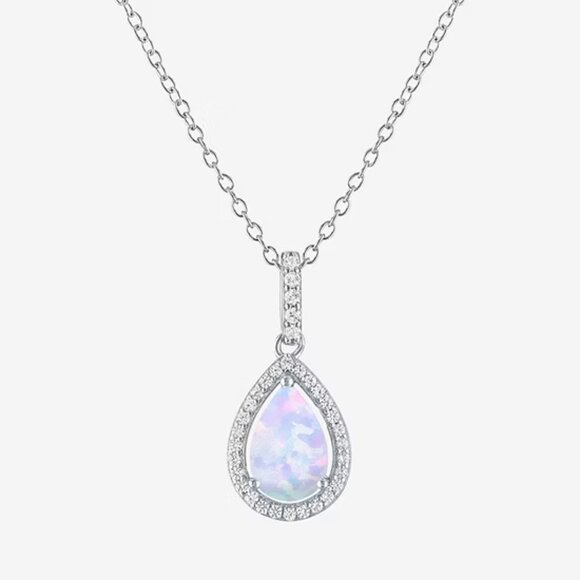 Womens Lab Created White Opal Sterling Silver Pear 18 Inch Pendant Necklace - Picture 1 of 5